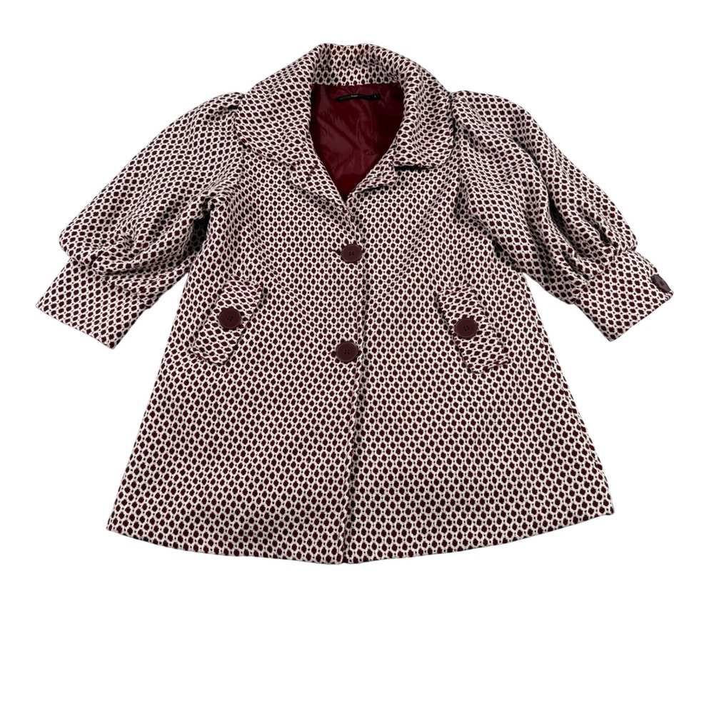 Anthropologie Hazel Burgundy White Honeycomb Puff Sleeve Swing Coat Jacket Large